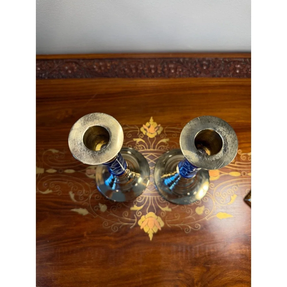Vintage Blue White Chinoiserie Candlesticks • Brass Candle Holder Pair